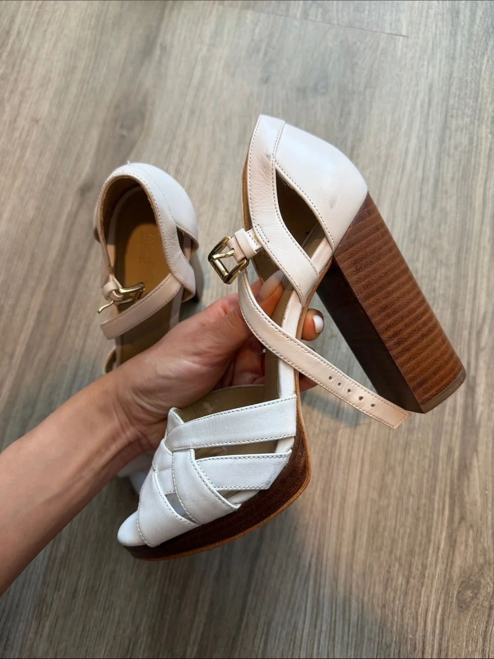 Michael Kors Pale Pink Leather Block Heel Sandals